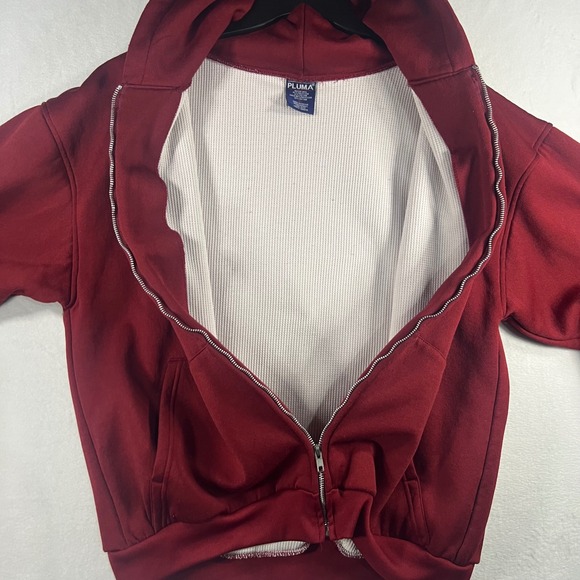 Vintage 90s PLUMA Full Zip Hoodie Burgundy Thermal Lined Sweatshirt XL - Picture 3 of 6
